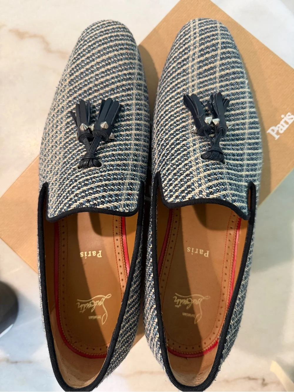 Christian Louboutin Navy and Cream Woven Tassel Loafers (Size 45) - Nordstroms!